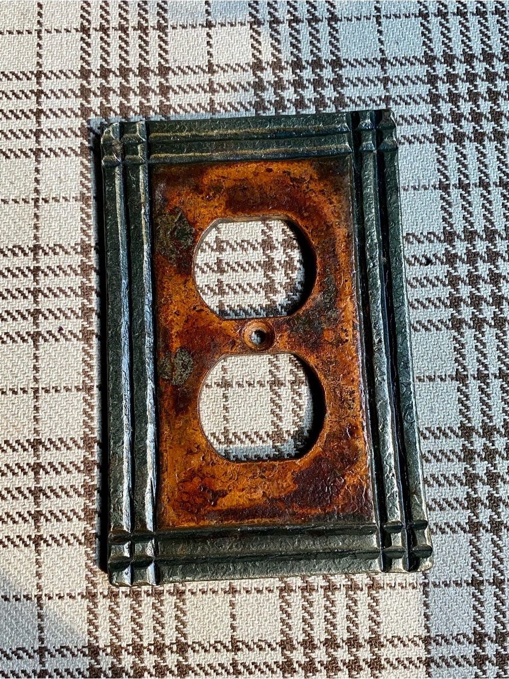 Cast Iron Double Outlet Cover Plate in Aged Copper and Dark Bronze
